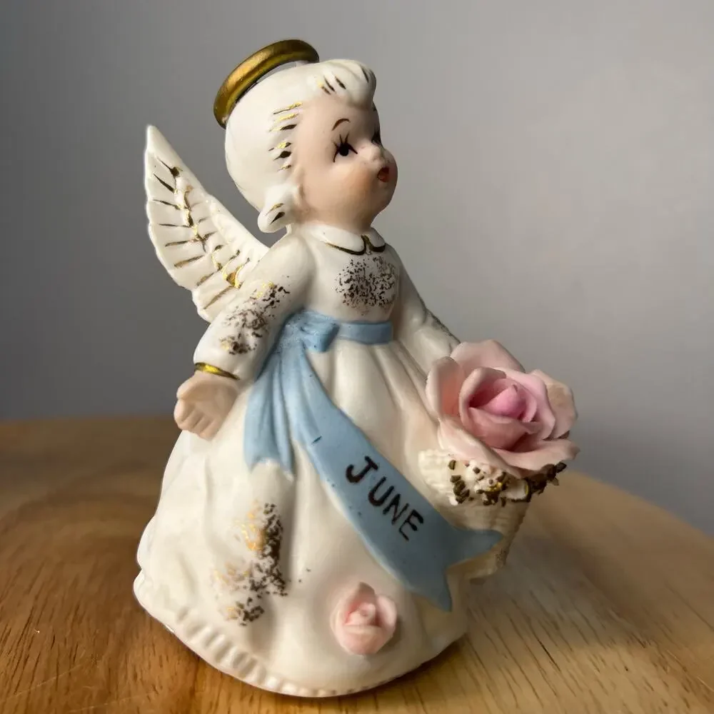 Vintage Lefton June Birthday Angel Blue Sash Pink Flowers Porcelain 3332